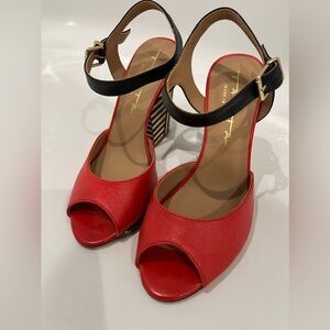 Red Open Toe with Contrast Block Heels